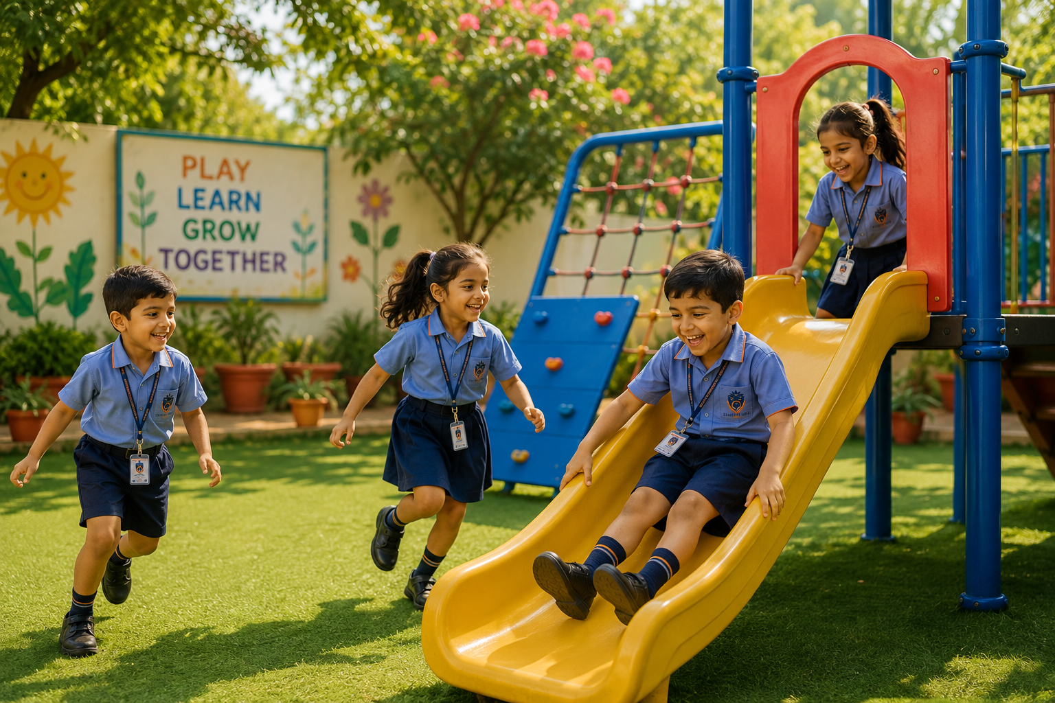 Children playing on the yellow slide in the outdoor play area